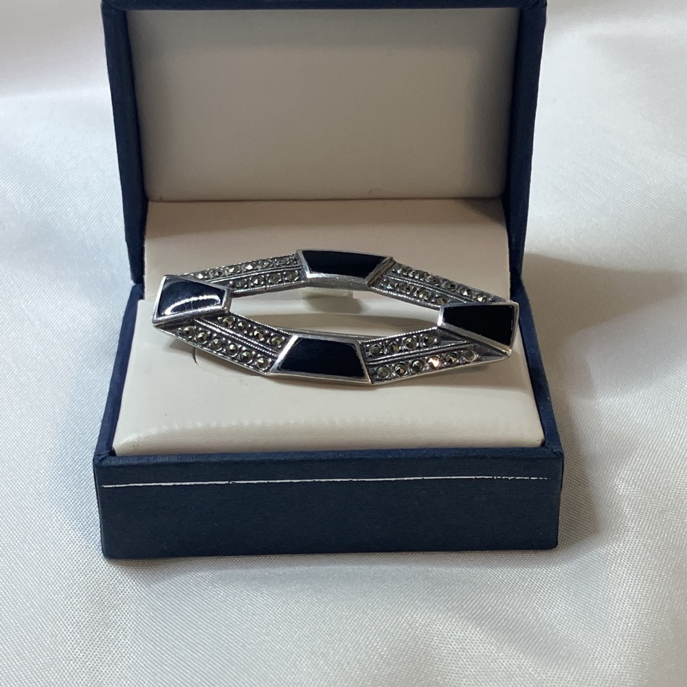Sterling Silver Art Deco Black Onyx/Marcasite Brooch